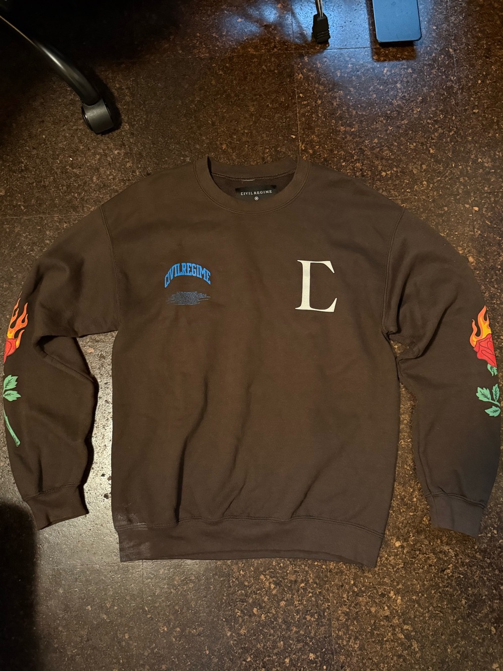 Civil Regime Brown Crewneck Sweater with Flame & Rose Sleeve Graphics
